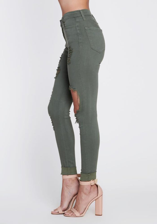 Vibrant Freebird Destroyed Skinny Jeans (Olive) P803