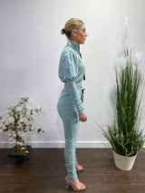 Capsulle Puff Sleeve Cropped Top and Skinny Pants Set (Sage) CC2054