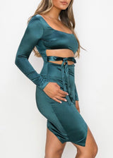 Privy Satin Waist Ribbon Tie Asymmetrical Bodycon Dress (Teal) PD71390N