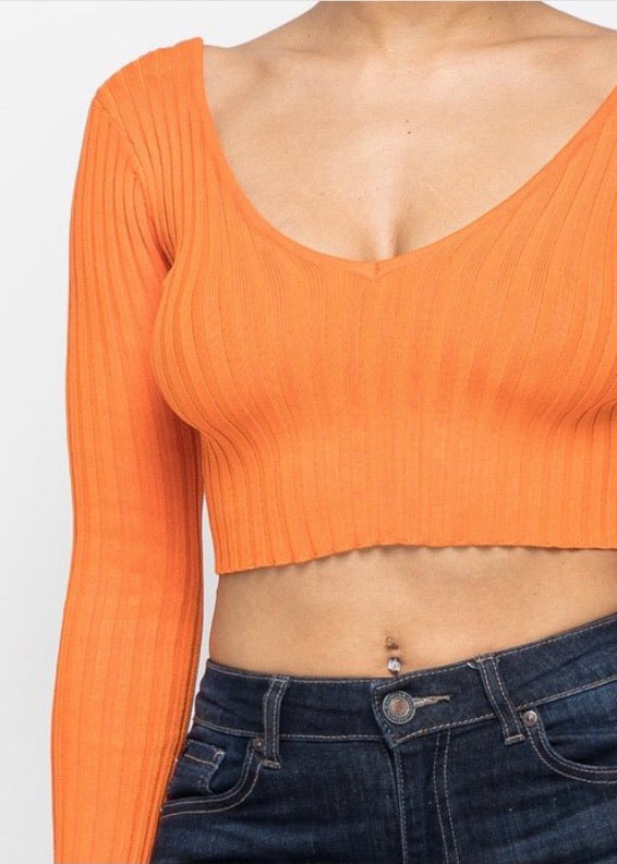 Hera Collection Long Sleeve V-Neck Off Shoulder Crop Top (Orange) 21915