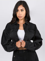 American Bazi Balloon Sleeve Short Length Denim Jacket (Black) RJK-2950