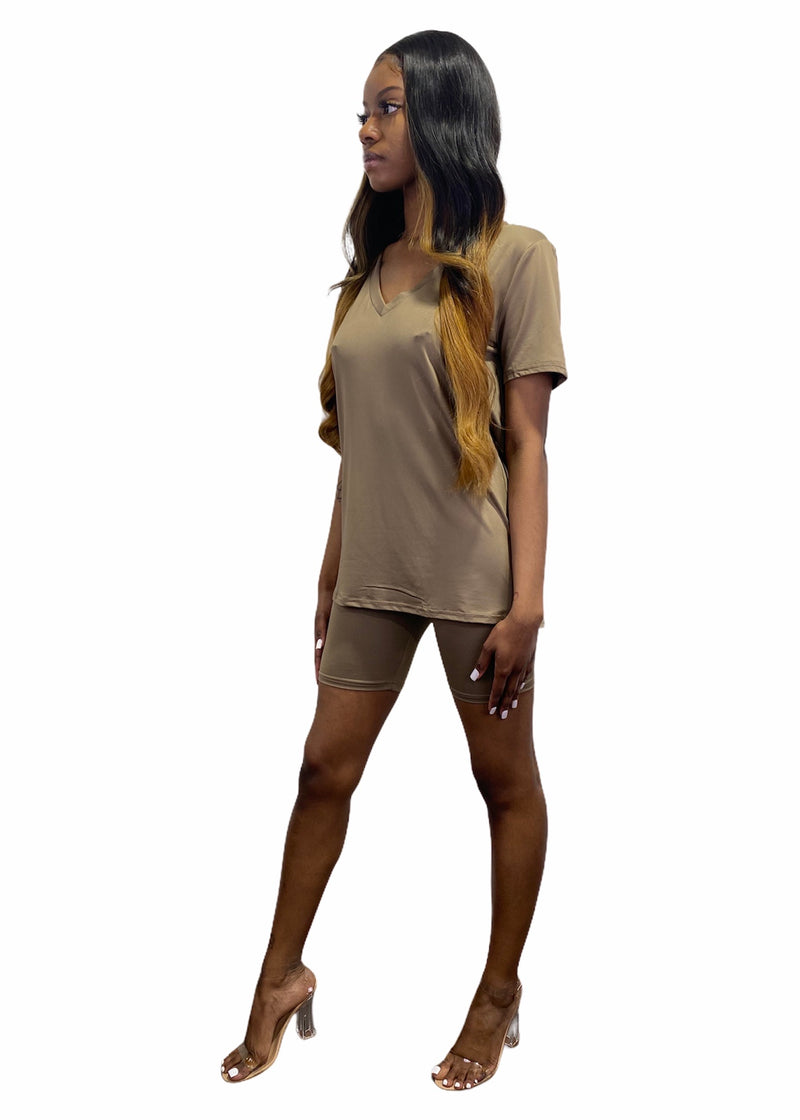 Daisy Solid V Neck Short Sleeve Top T Shirt & Biker Shorts Set (Dark Taupe)