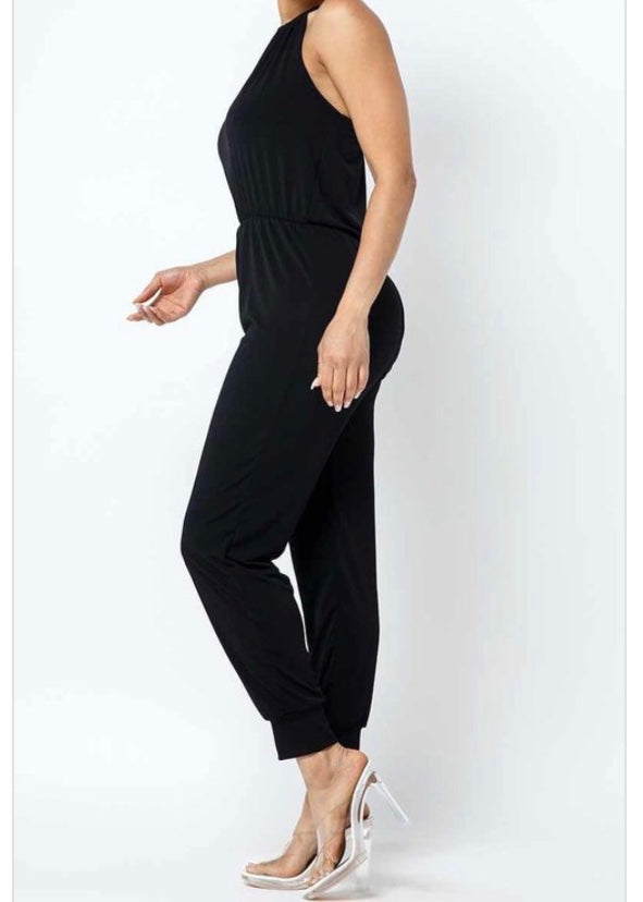 Love J Halter Neck Solid Jumpsuit (Black) J56210