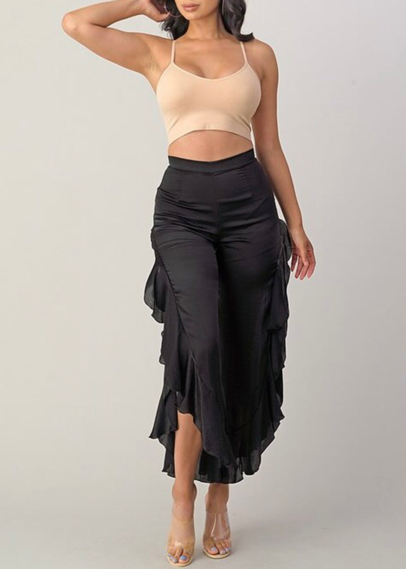 Primi Satin Stretch Ruffle Pants (Black) P3147