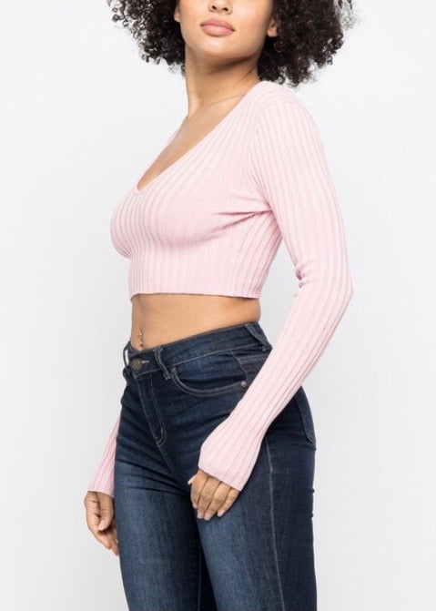 Hera Collection Long Sleeve V-Neck Off Shoulder Crop Top (Blush) 21915