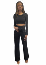 Miss California Piano Rib Long Sleeve Top & Tie Front Pants Set (Black) A9278