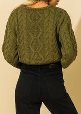 Double Zero Cable Knit Drawstring Hem Crop Sweater (Olive) DZ21G647