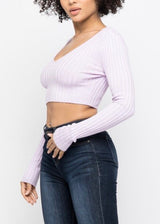 Hera Collection Long Sleeve V-Neck Off Shoulder Crop Top (Lavender) 21915