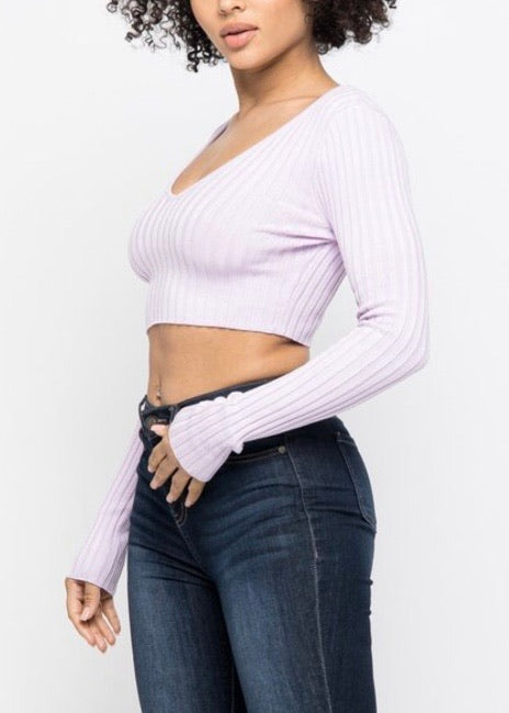 Hera Collection Long Sleeve V-Neck Off Shoulder Crop Top (Lavender) 21915