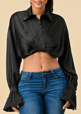 The Sang Long Ruffle Sleeve Blouse Crop Top (Black) ST23140621