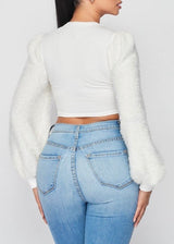 May Pink Ribbed Crop Top With Furry Sleeves (White) T5508