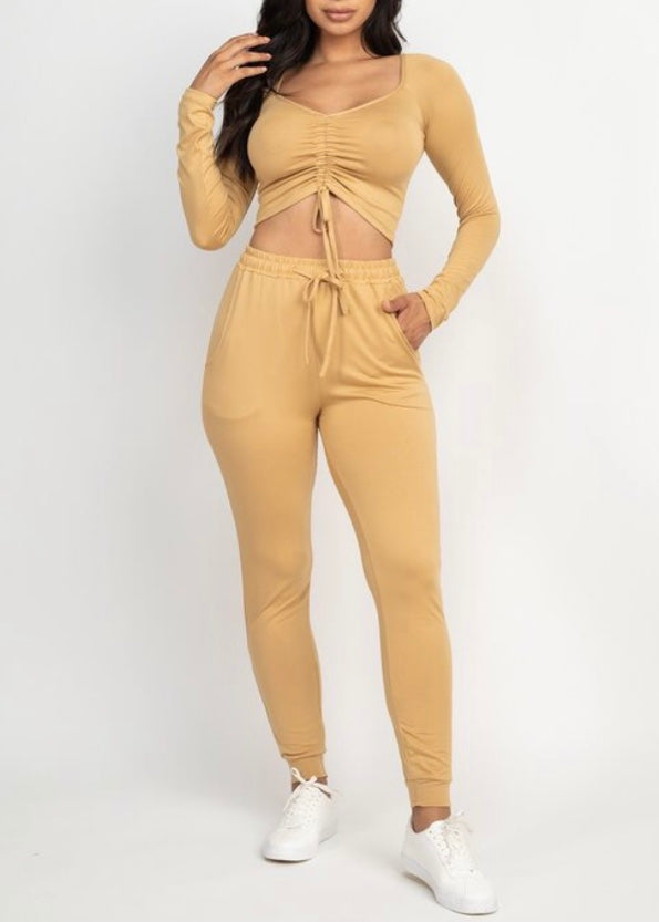 Capella Strap Ruched Crop Top and Jogger Pants Set (Safari) BTP2987