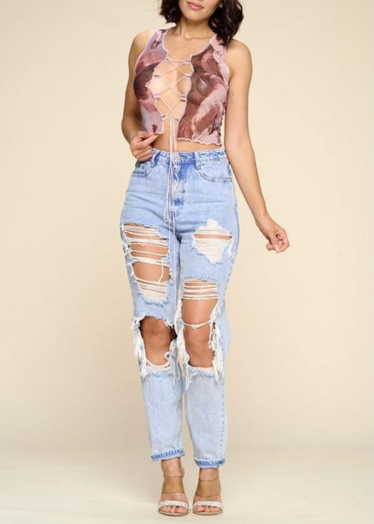 WinWin Tie Dye Mesh Open Lace Upfront Crop Top (Multi) WT12698