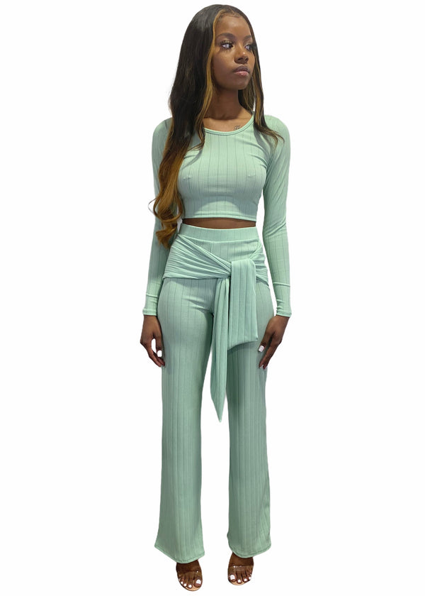 Miss California Piano Rib Long Sleeve Top & Tie Front Pants Set (Sage) A9278