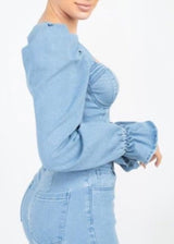 Denim Blvd Puff Sleeves Zip Up Denim Top (Medium Blue) DB3040TBD