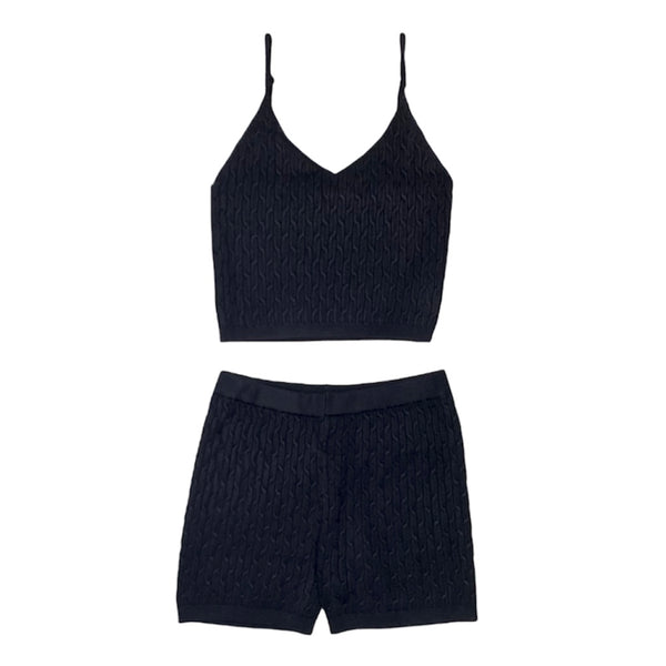 Daisy Knit Crop Top And Shorts Set (Black)