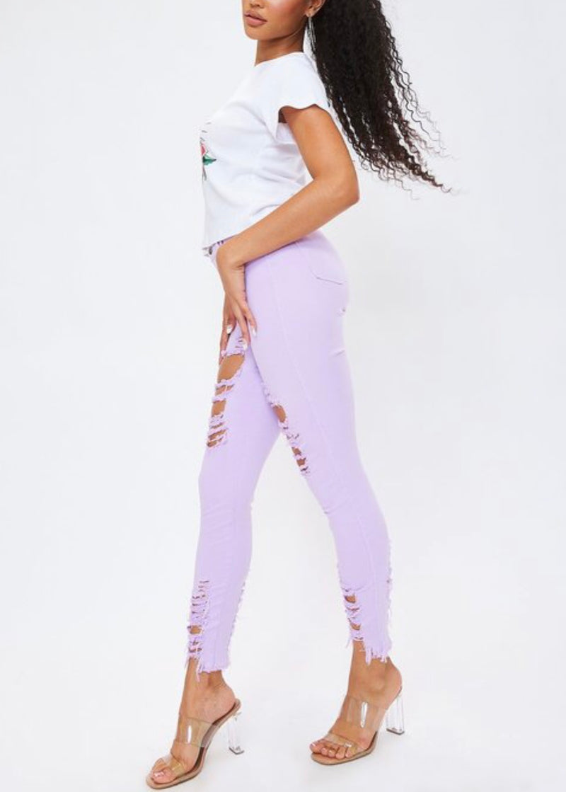 Vibrant Raw Edges Skinny Jeans (Lavender) P1213