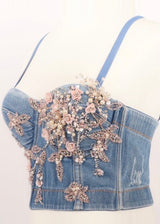 SJK Fashion Flower Jewel Corset Top (Blue Denim) T50408