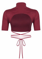 Tresser Open Back Cross Waist Tie Mock Neck Crop Top (Burgundy) 1848T