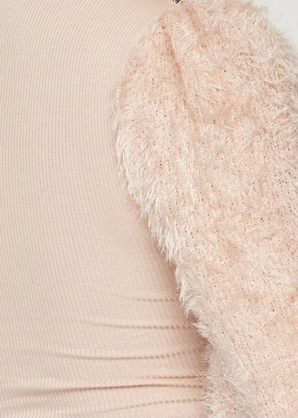 May Pink Ribbed Crop Top With Furry Sleeves (Beige) T5508