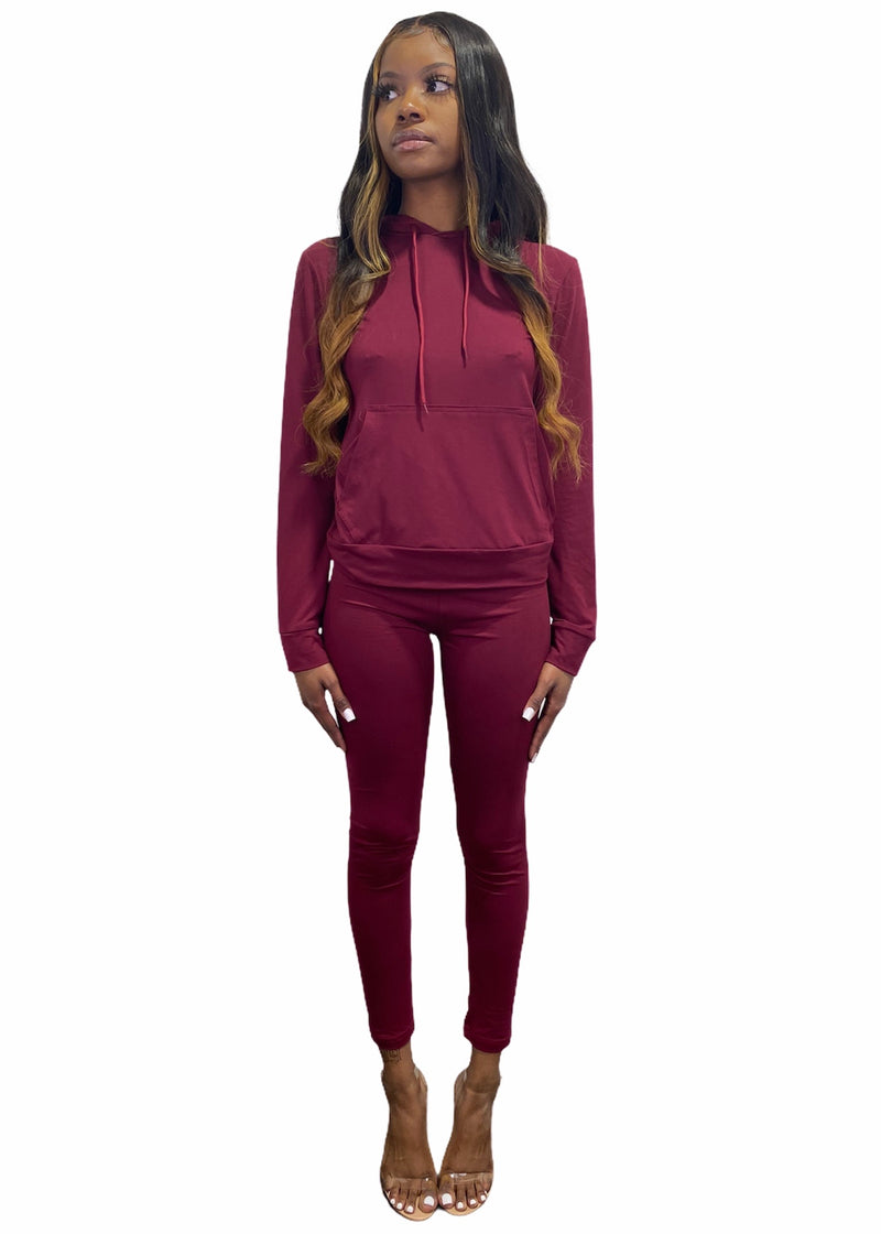 Top Fashion 2 Piece High Waist Pants And Hoodie Set (Burgundy) JV30937