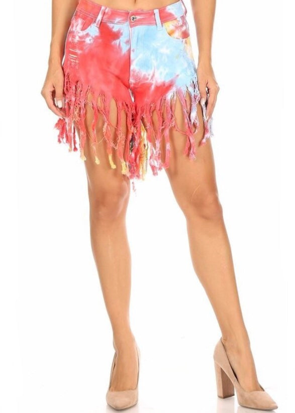 JC & JQ High Waist Stretch Tie Dye Fringed Shorts (Red Tie Dye) GS2309-RH