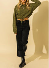 Double Zero Cable Knit Drawstring Hem Crop Sweater (Olive) DZ21G647