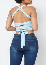 Hera Collection Cross Back Tie Crop Top (Light Blue) 22481