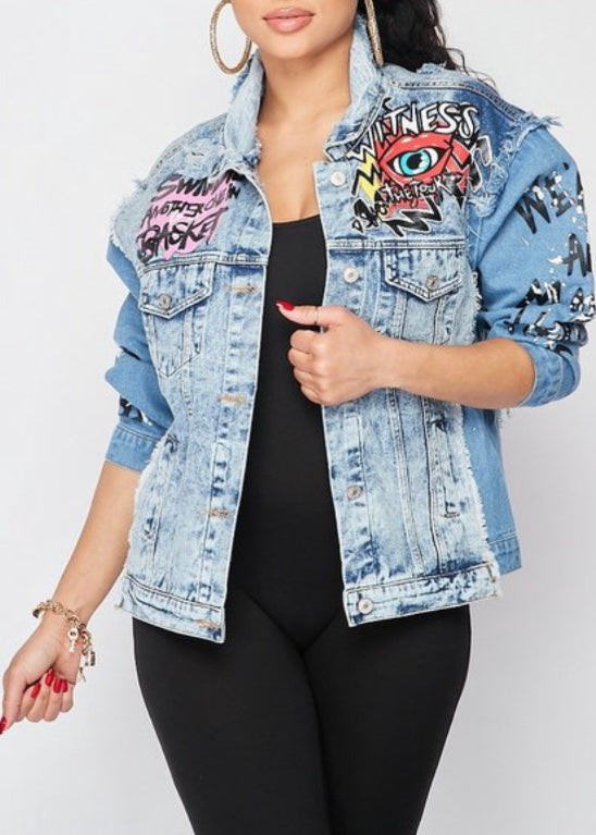 2bme Fashion Distressed Hem Graphic Print Denim Jacket (Denim) 60017