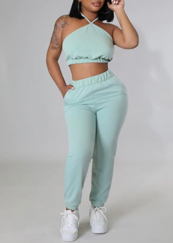 Blashe Halter Tank & Jogger Pants Set (Light Sage) 2C-SET03344