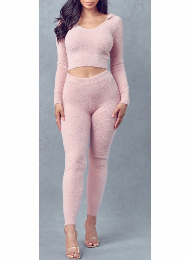 36point5 Fuzzy Hoodie Long Sleeve Crop Top & Pants Set (Mauve) SW336