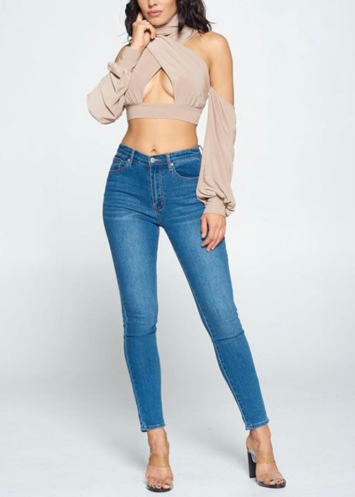 WinWin Wrap Turtle Neck Cold Shoulder Crop Top (Stone) WT11793