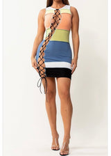 Wildcat Sleeveless Lace Up Mini Dress (Blue/Multi) D56269