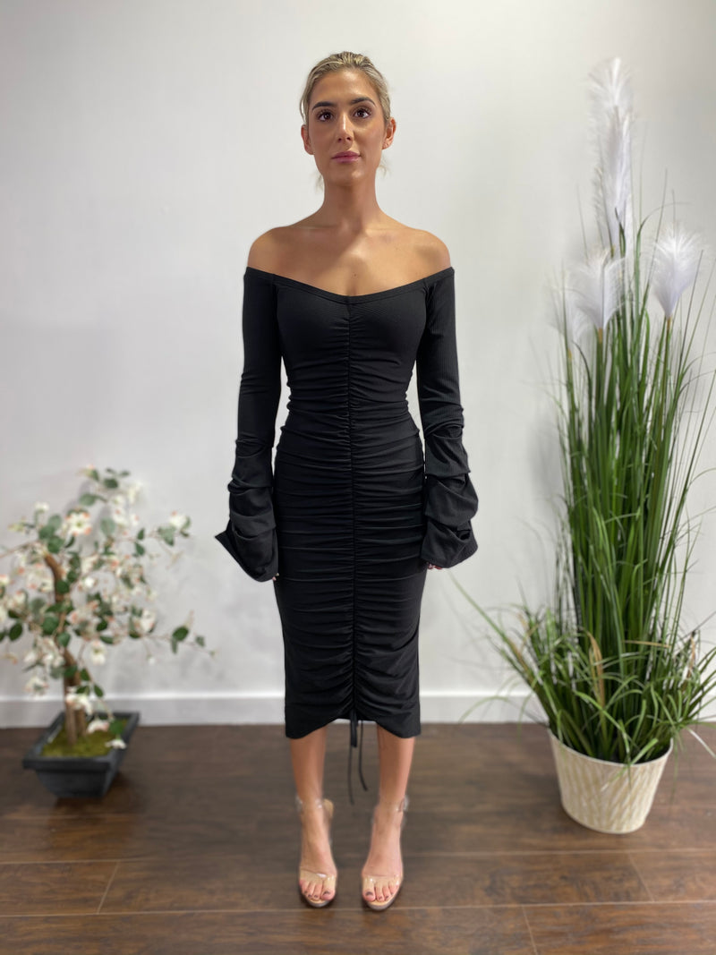 Belita Rib Off The Shoulder Stacked SLV Ruched Midi Dress (Black) SBD1578