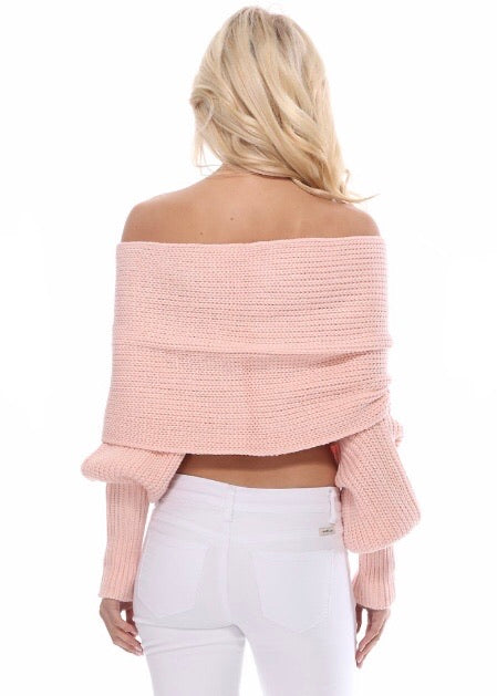 Yemak Off The Shoulder Long Sleeve Wrap Sweater Shawl (Blush) KC003