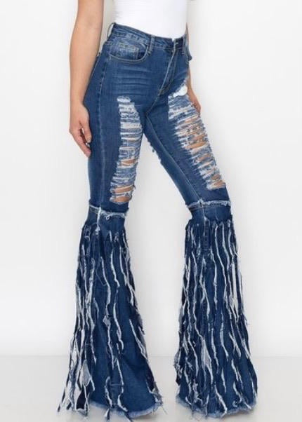 Banjul Rripped Bell-Bottom Denim Jeans (Dark Blue) BCPN42833