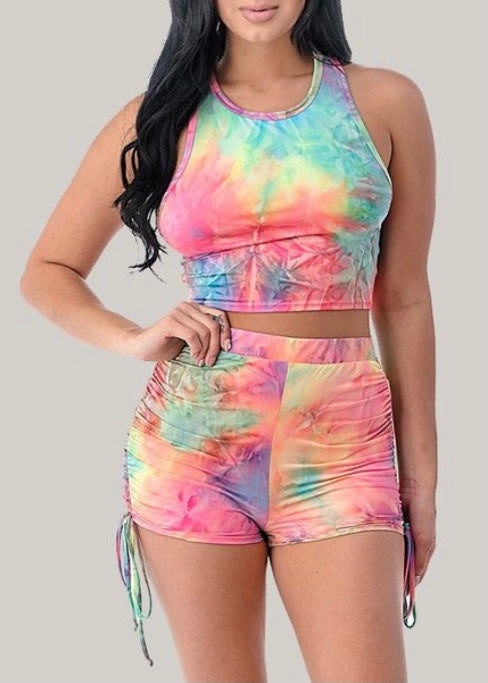 Romance Racerback Crop Top & Shorts Tie Dye Set (Multi) P4614