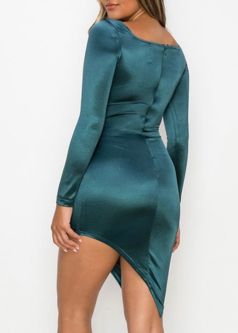 Privy Satin Waist Ribbon Tie Asymmetrical Bodycon Dress (Teal) PD71390N