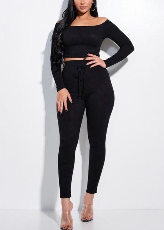 Miss California Solid Mesh Rib Off The Shoulder Top & Leggings Set (Black) A9256