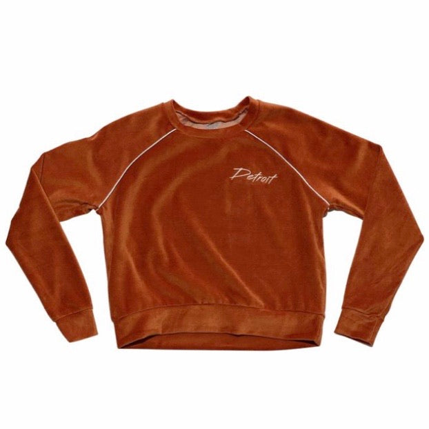 Ink Detroit Embroidered Velour Long Sleeve Women's Crop Top (Rust)