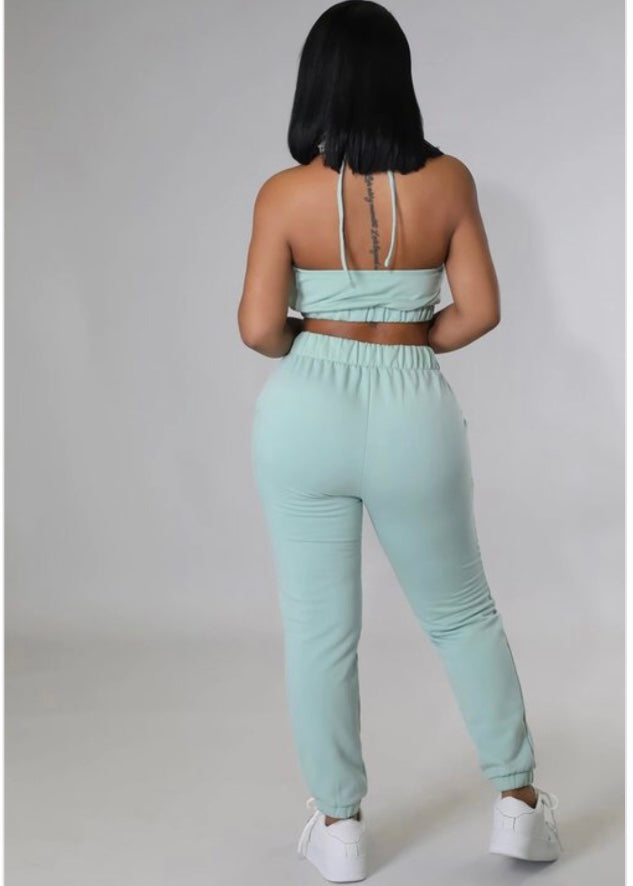 Blashe Halter Tank & Jogger Pants Set (Light Sage) 2C-SET03344