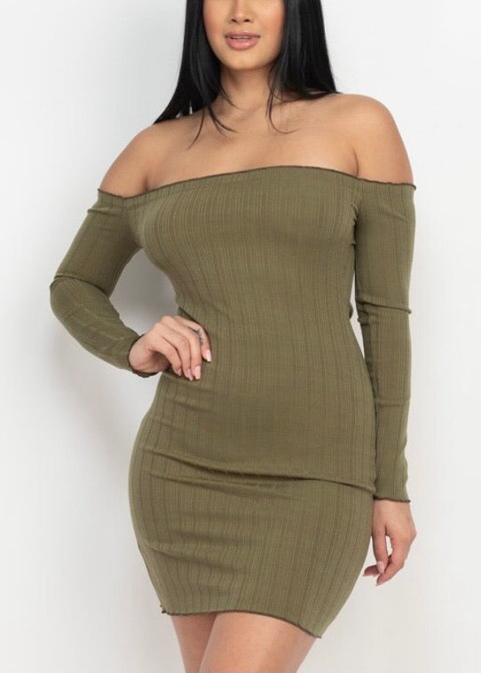 Capella Off Shoulder Lettuce Edge Bodycon Dress (Olive) BD2940