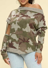 WinWin Camo Print Off The Shoulder Sweater (Olive/Rust/Grey) WT13060