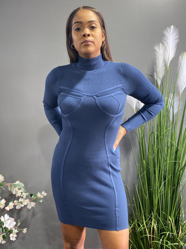 Hera Collection Mock Neck Binding Detail Long Sleeve Dress (Classic Blue) 22303