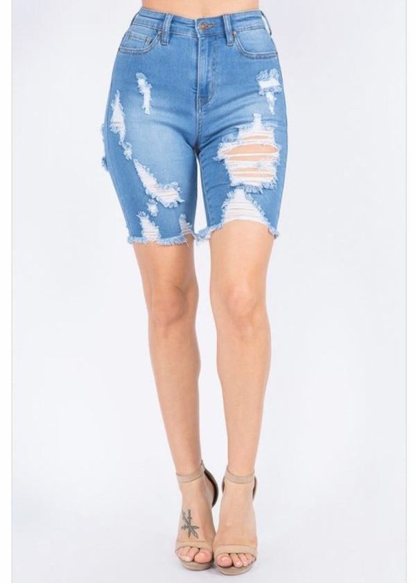 American Bazi Distressed Trim Bermuda Shorts (Blue) TSS-20190