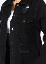 American Bazi Distressed Long Length Denim Jacket (Jet Black) RJK-741