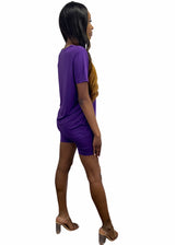 Daisy Solid V Neck Short Sleeve Top T Shirt & Biker Shorts Set (Purple)