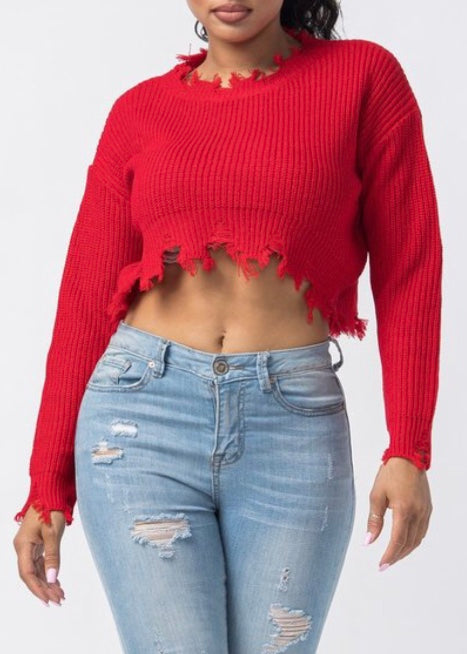 Hera Distressed Sweater Top (Red) 21492