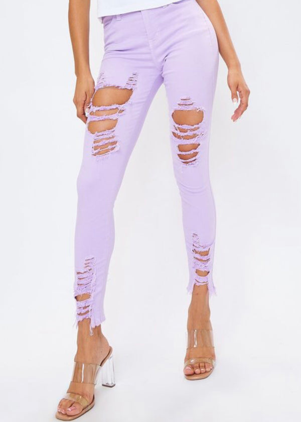 Vibrant Raw Edges Skinny Jeans (Lavender) P1213