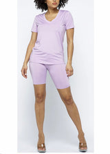 Daisy Solid V Neck Short Sleeve Top T Shirt & Biker Shorts Set (Lavender)